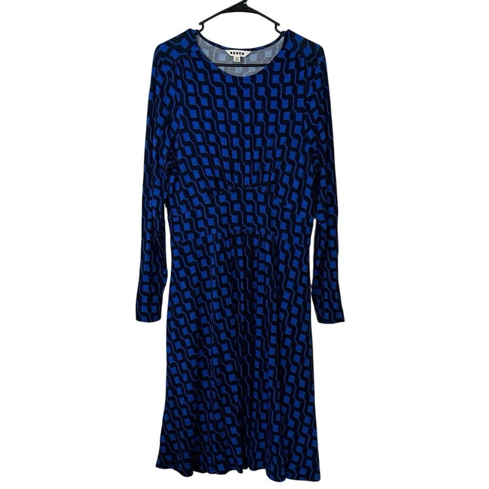 Boden Thea Long Sleeve Midi‎ Dress Size 12R Blue Navy Geometric Stretch Everyday